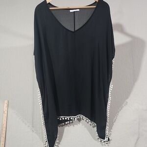 Adreamily Black Semi Sheer Poncho / Bathing Suit Cover W/ White Pom Pom Trim‎ OS